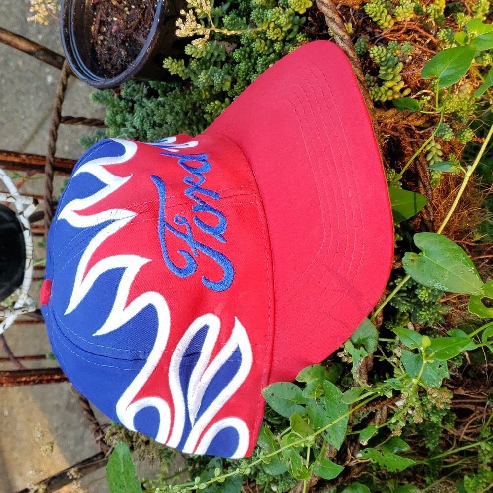 Vintage FORD Trucker Flames Hat EUC RED WHITE BLUE. (BIN 007